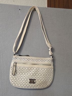 Stone & Co. Ivory White Laser Cut Perforated Leather Crossbody Shoulder Bag.